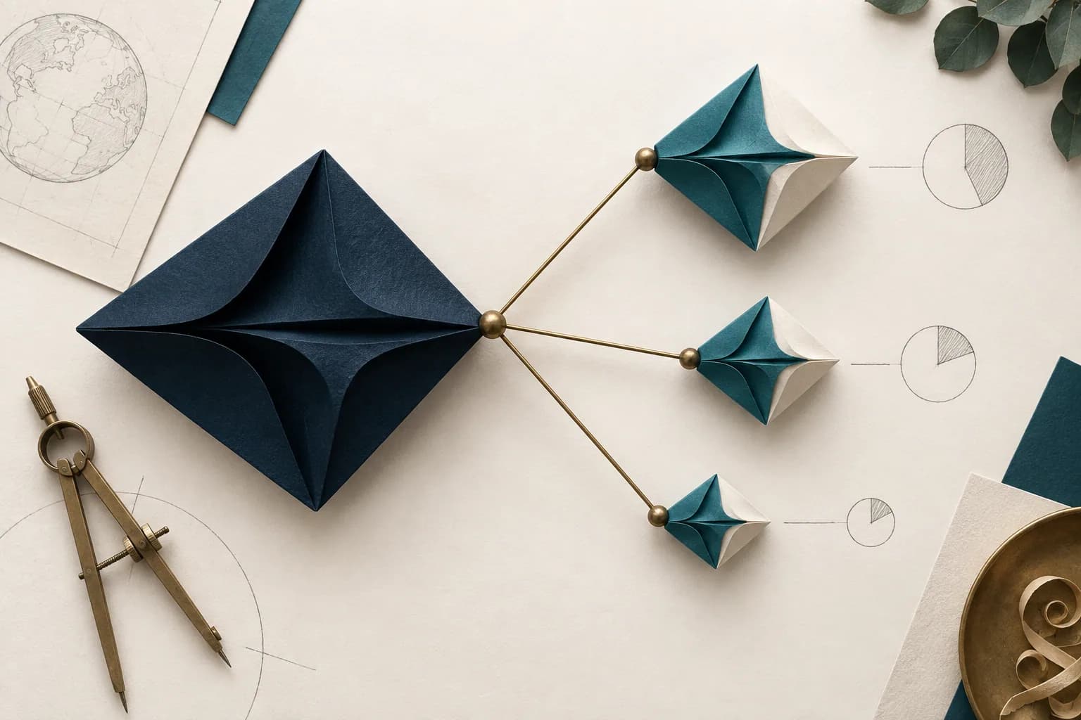 One folded paper form connected to smaller proportional forms illustrating trade allocation