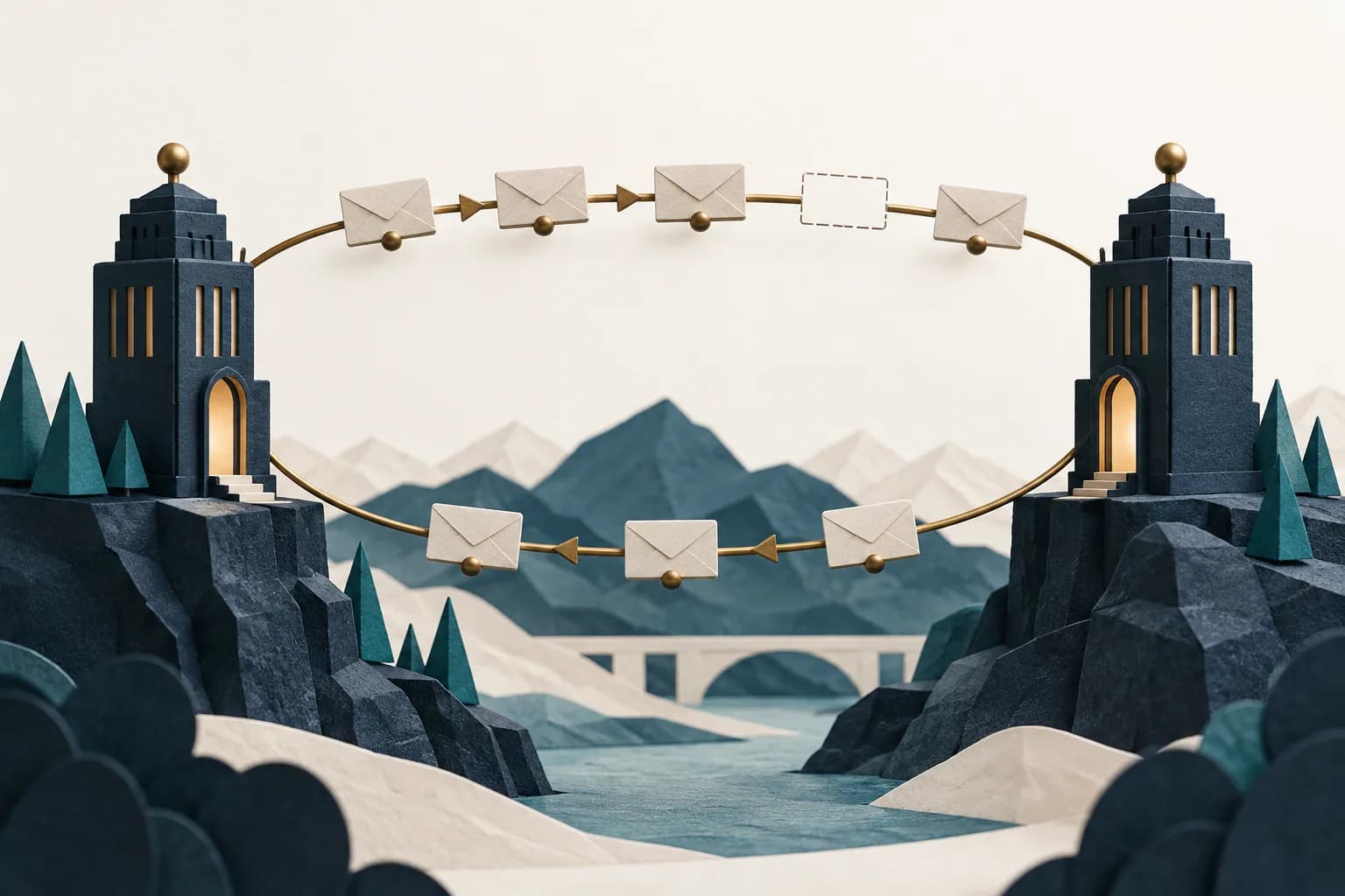 Paper messages traveling between two towers along connected and return paths