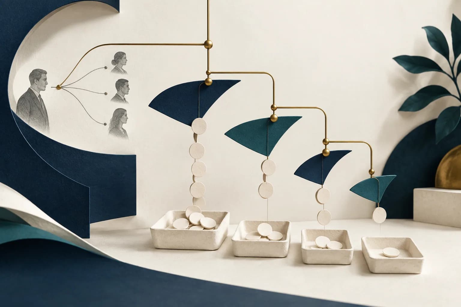 A branching brass mobile distributing paper tokens into separate trays