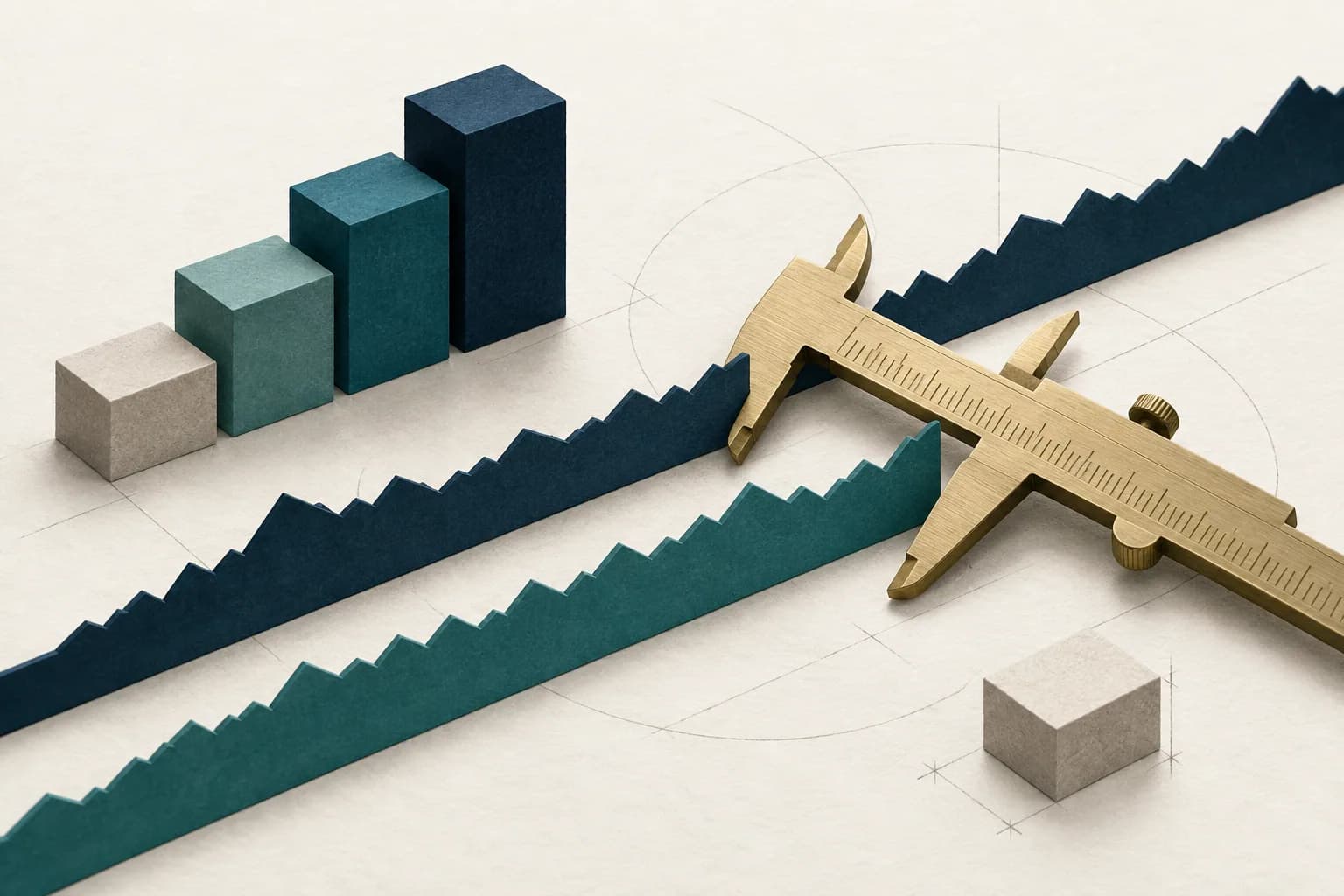 Paper price rails, stepped blocks and a brass caliper illustrating measurement and market mechanics