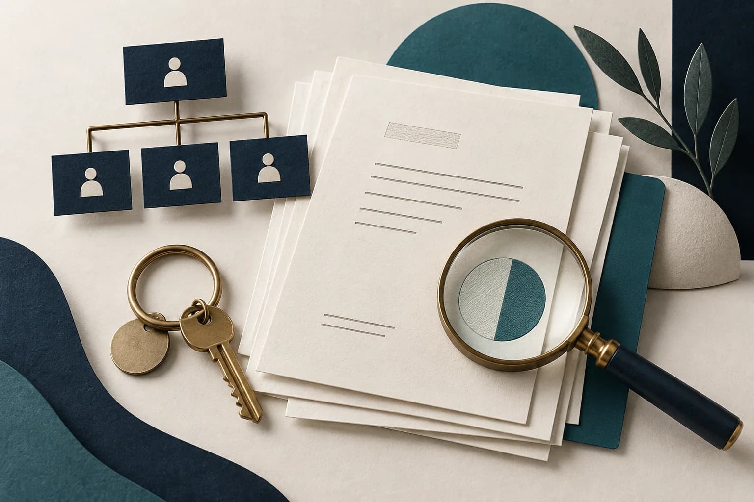 Blank company documents, an ownership card structure and a magnifying lens