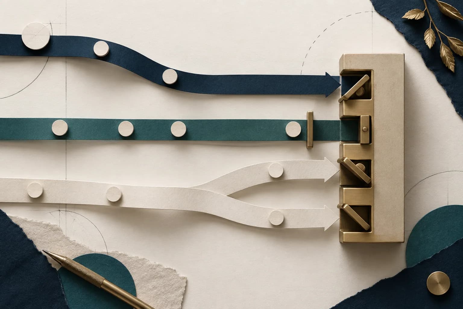 Paper pathways and brass gates illustrating different order instructions