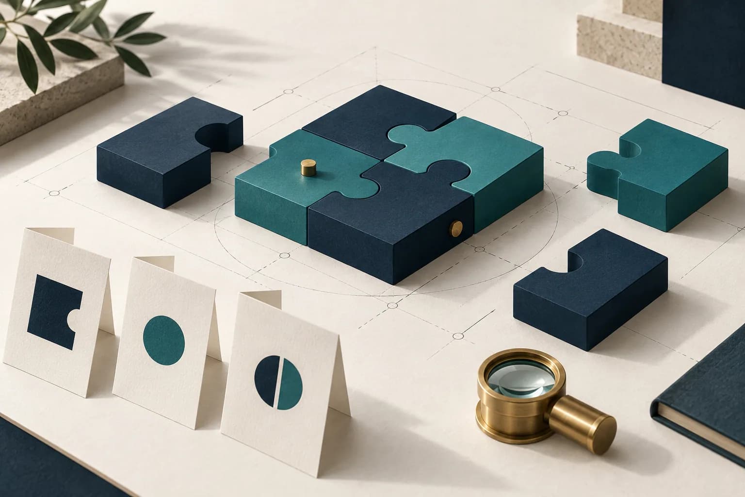 Separate paper modules and specification sheets beside an inspection lens