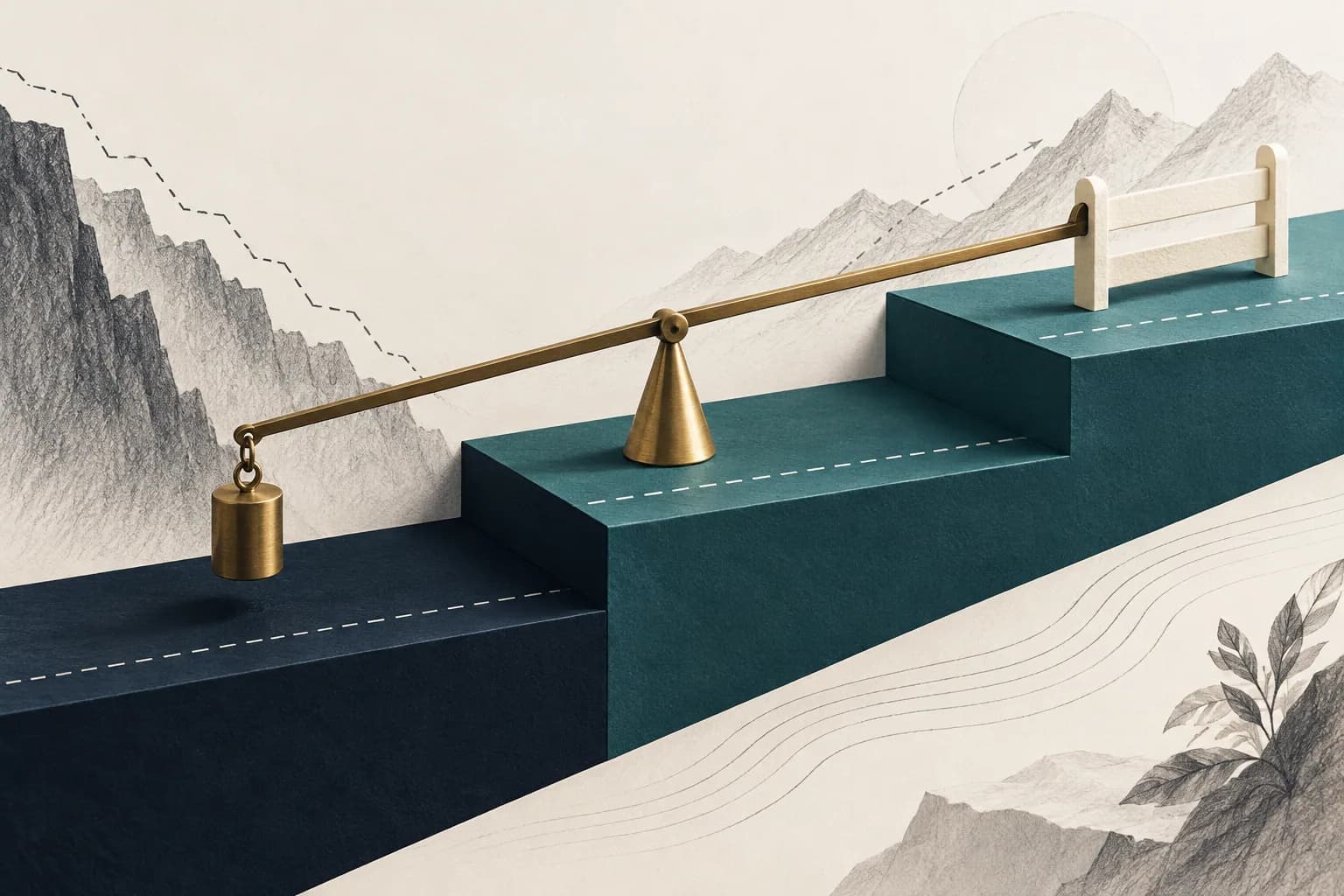 A brass balance above stepped paper levels illustrating evaluation thresholds