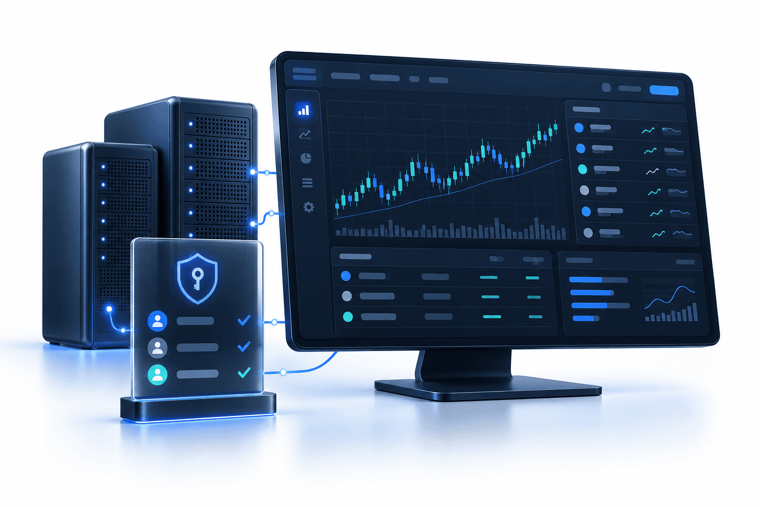 Trading terminal connected to hosted servers and a user permissions panel