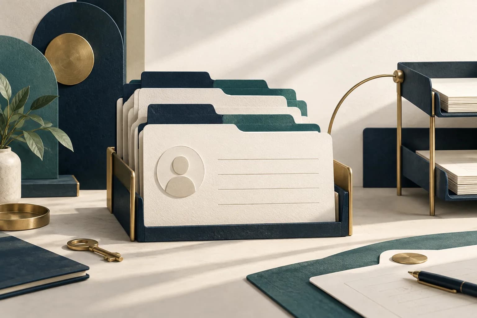 Paper account cards, file dividers and a brass key illustrating controlled account operations