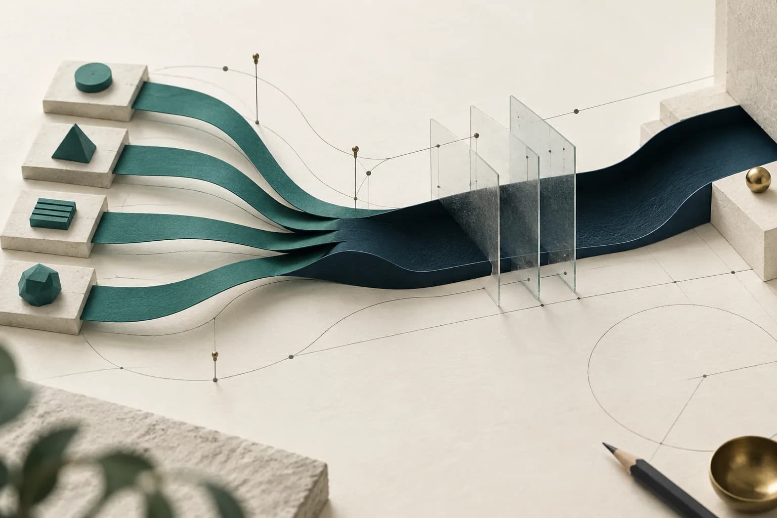 Teal paper channels combining into a navy stream beside translucent data panes