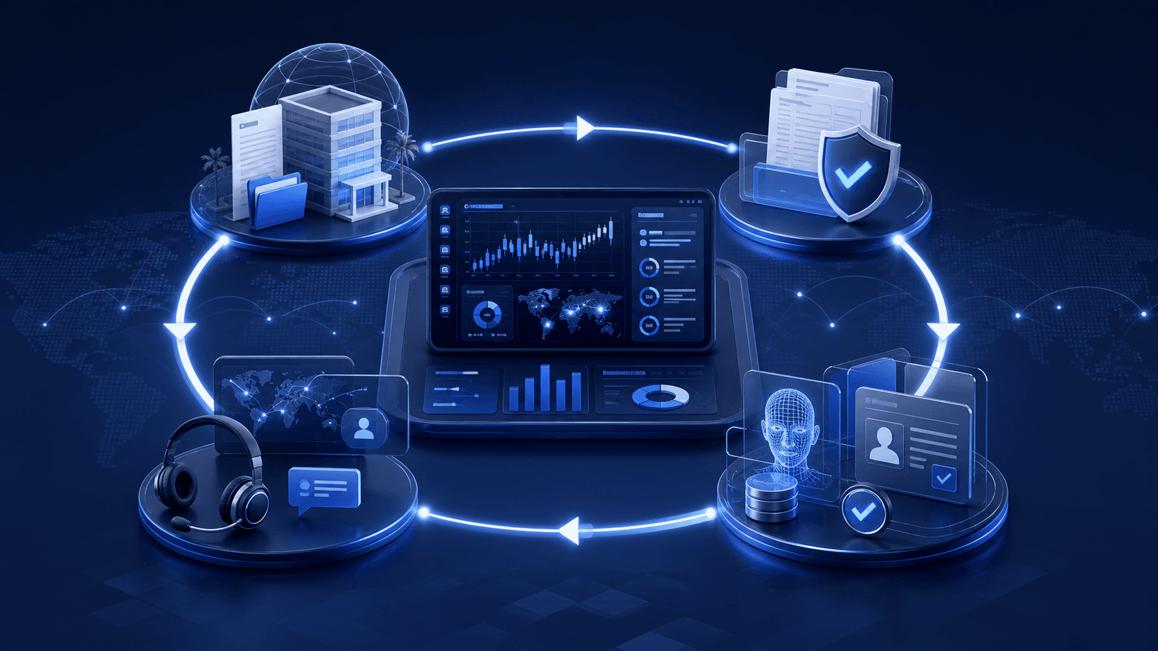 Connected forex brokerage compliance lifecycle covering company formation, licensing, KYC and AML verification, and 24/7 technical support
