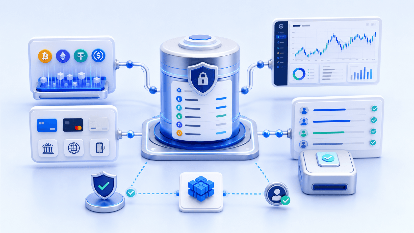 Integrated broker payment infrastructure connecting crypto and fiat gateways, a secure wallet, trading accounts, compliance checks, and automated payouts
