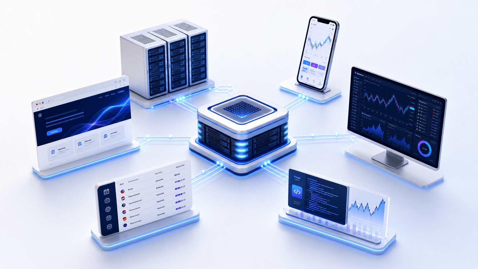 Central broker trading infrastructure connected to VPS hosting, a mobile app, reporting, website, economic calendar, and market data API tools